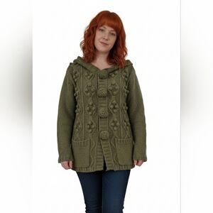 Vintage Olive Green Wool Cottagecore Boho Knit Argyle Sweater Medium